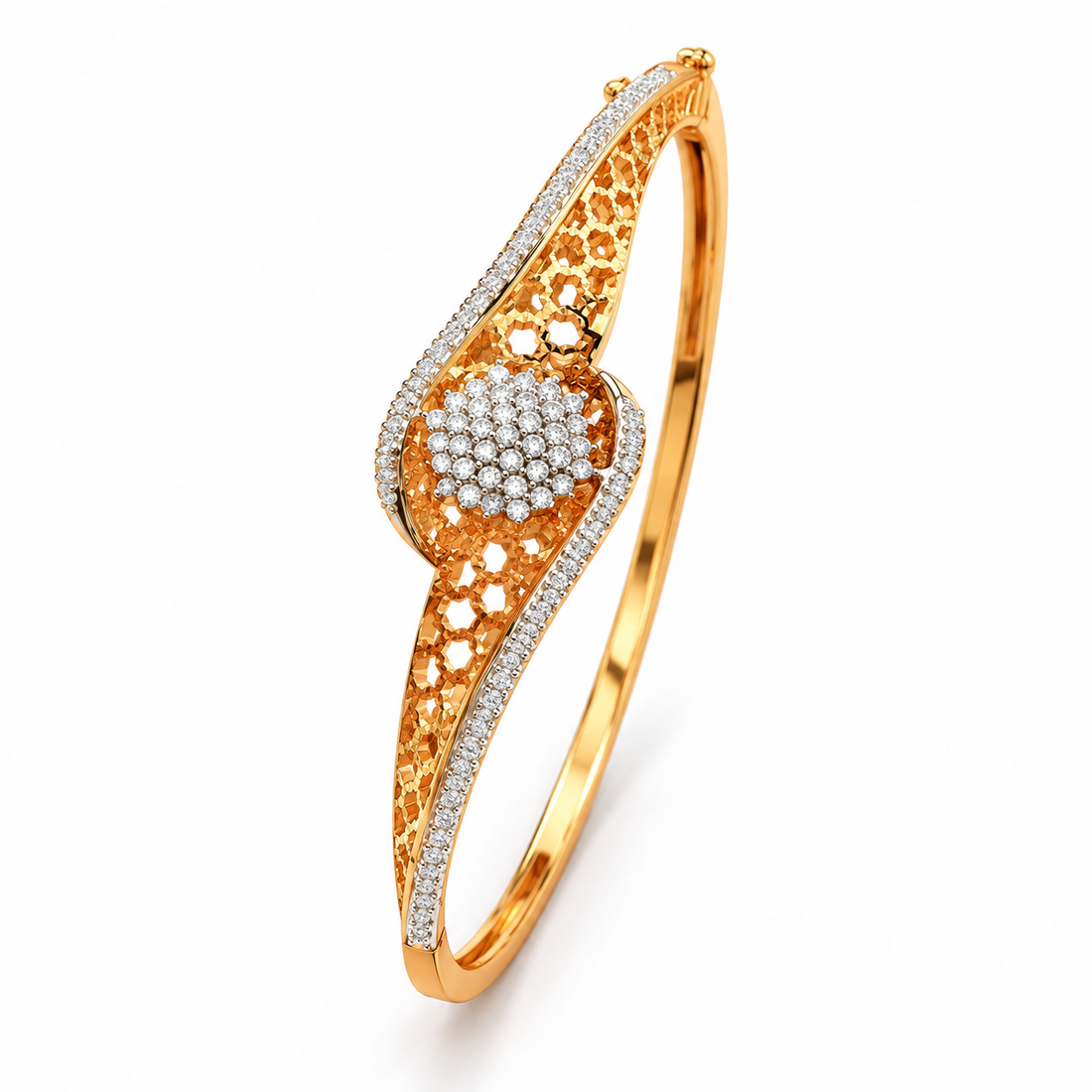 Yellow Gold-Tone Floral Filigree Swirl Bangle Bracelet