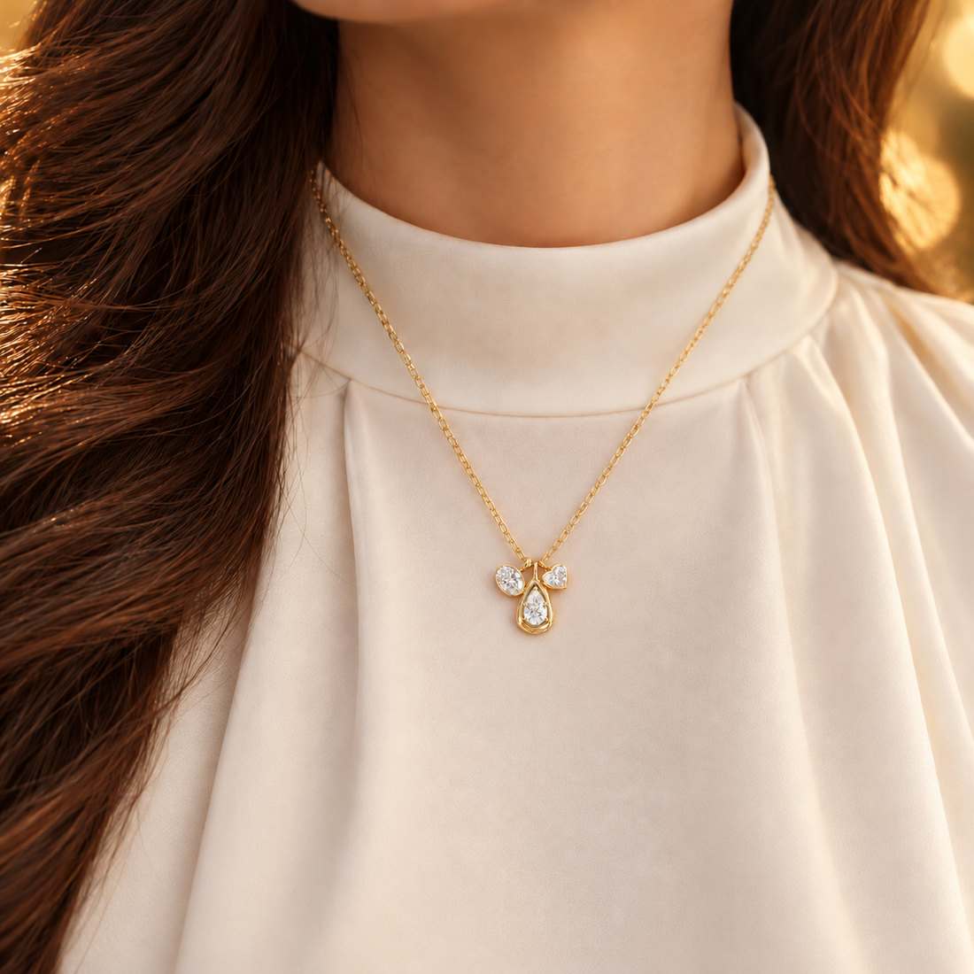 Pear Round & Heart Cut Three Stone Yellow Gold Pendant Necklace