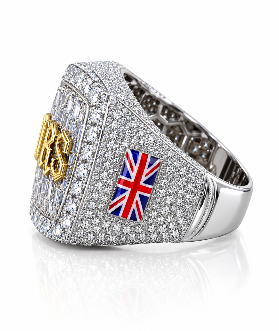 Custom Gothic Initial Baguette Iced Out Two Tone Ring – Flag Detail Hip Hop Jewelry