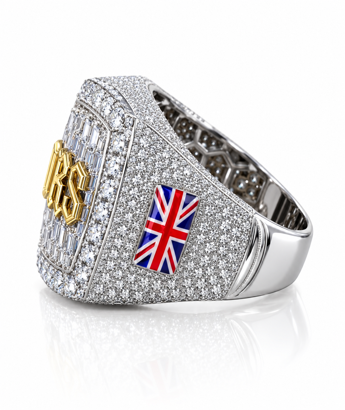 Custom Gothic Initial Baguette Iced Out Two Tone Ring – Flag Detail Hip Hop Jewelry