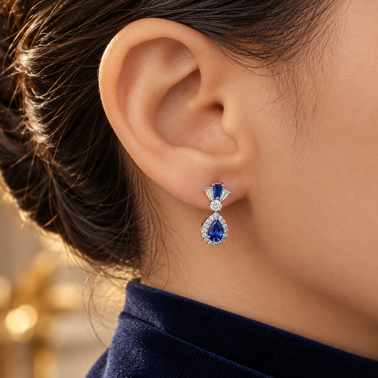 Blue Pear Halo Drop Earrings with Tapered Baguette Accents