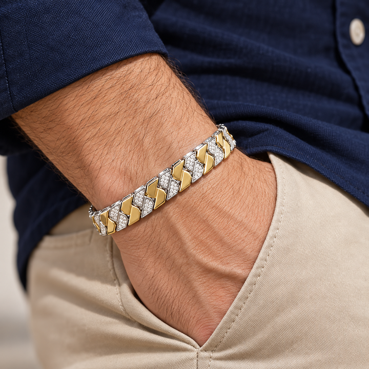 Two-Tone Yellow Gold and Silver-Tone Geometric Pavé Link Bracelet