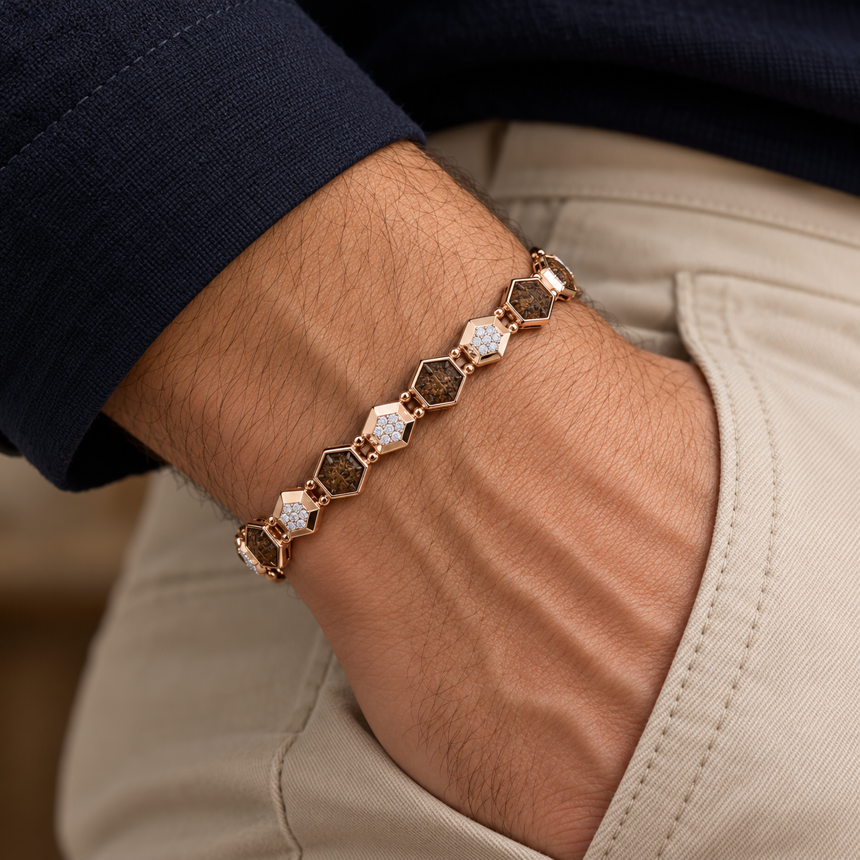 Rose Gold-Tone Hexagonal Brown Bead and Pavé Cluster Bracelet