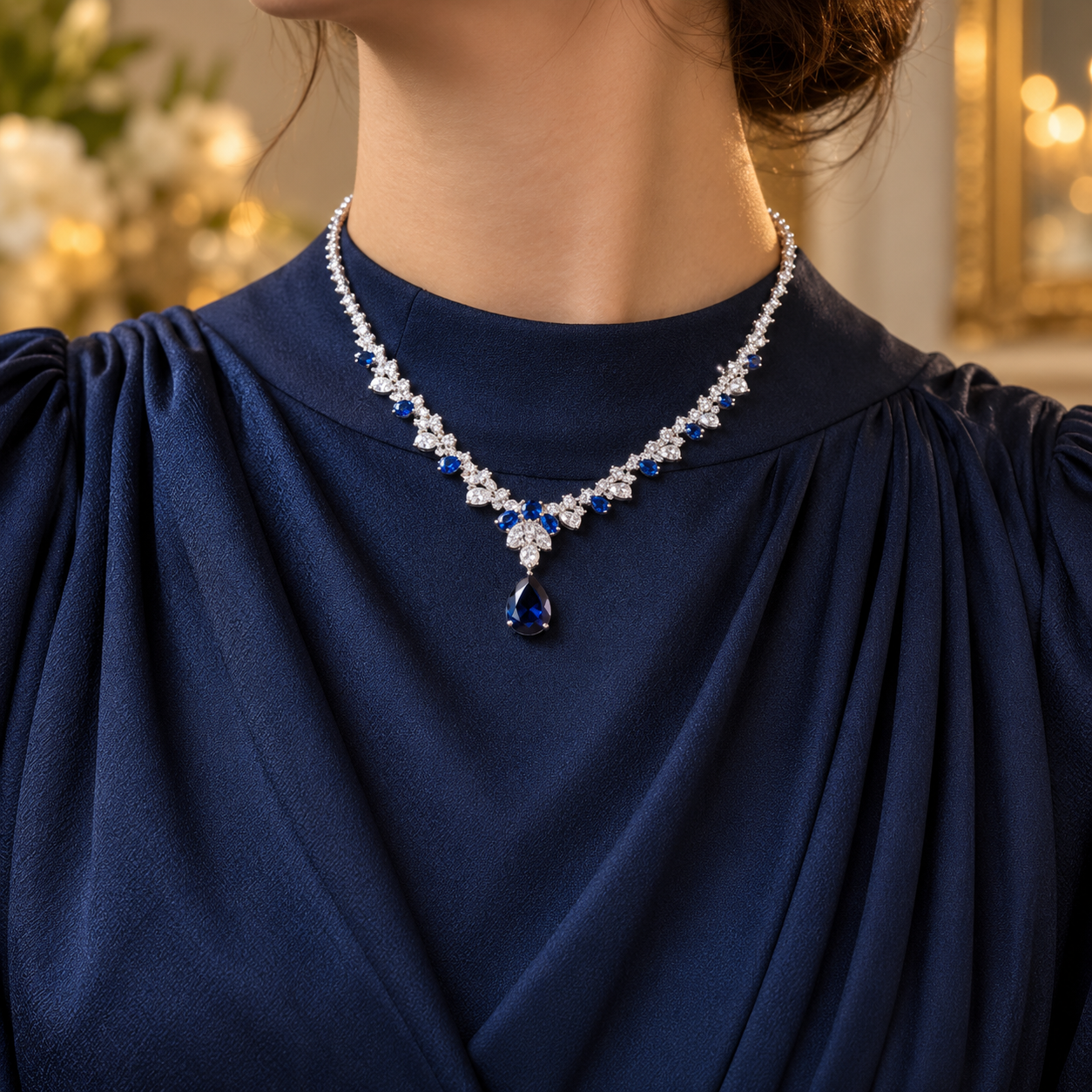 Blue Pear Drop Round Cut White Gold Tennis Necklace