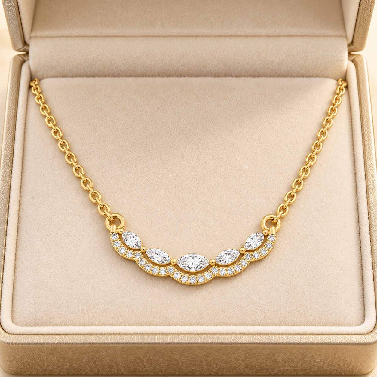 Five Marquise Cut Pavé Scallop Yellow Gold Necklace