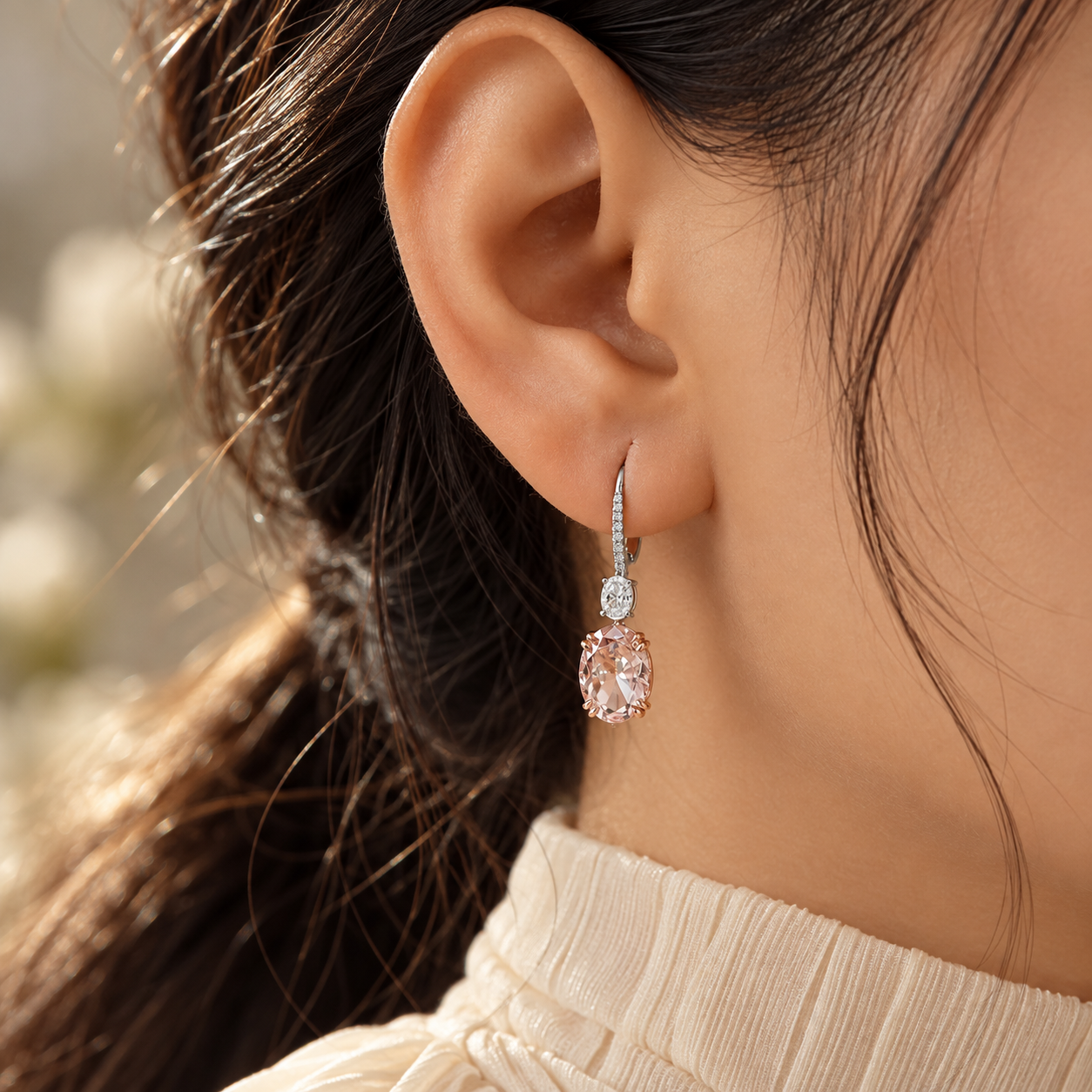 Peach Oval Stone Drop Earrings in Two Tone Gold Finish