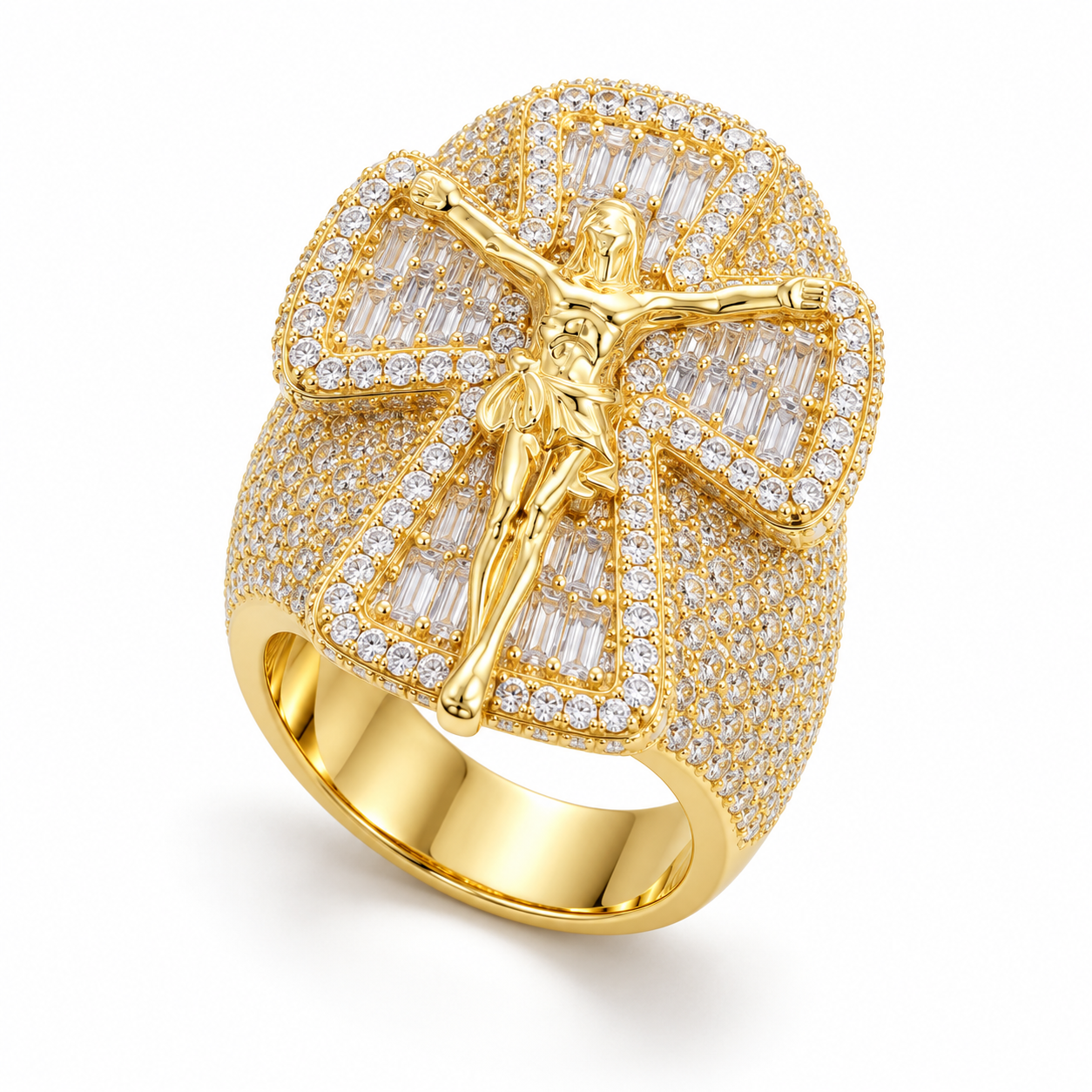 Jesus Crucifix Baguette Cross Iced Out Hip Hop Statement Ring