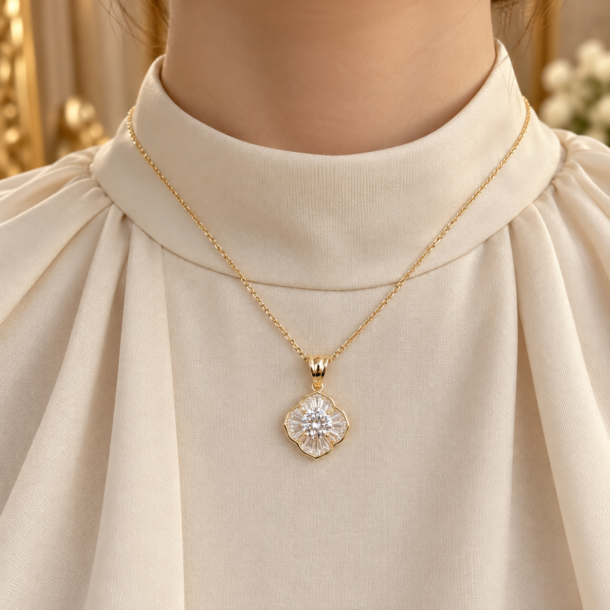 Round Cut Baguette Halo Floral Yellow Gold Pendant Necklace