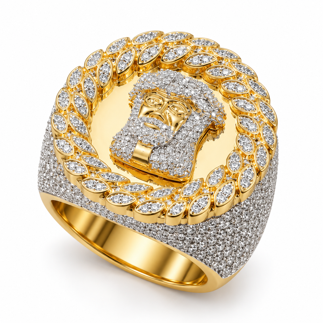 Jesus Head Laurel Wreath Iced Out Hip Hop Statement Ring