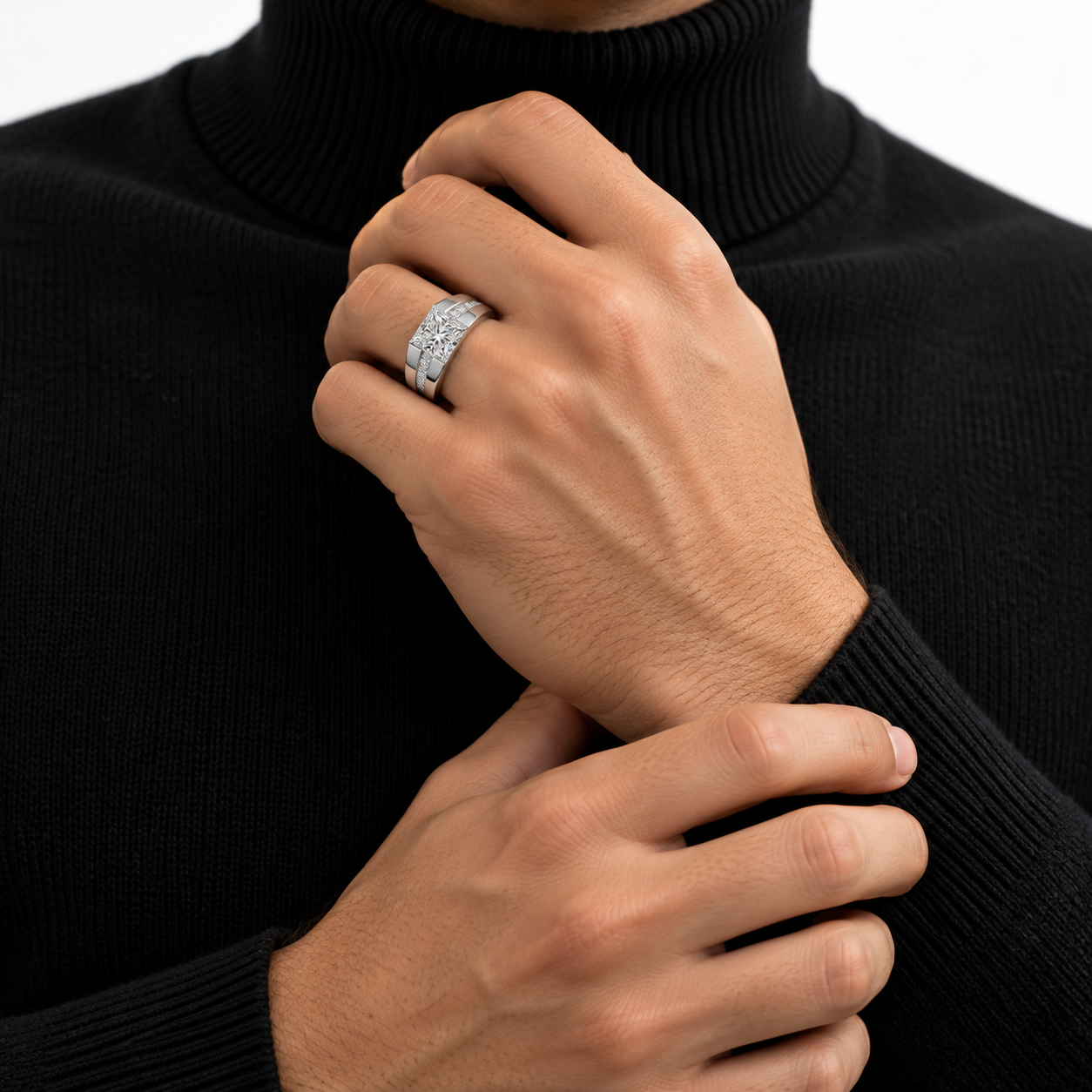 Princess Cut Center Stone White Metal Ring with Channel Set Shoulders