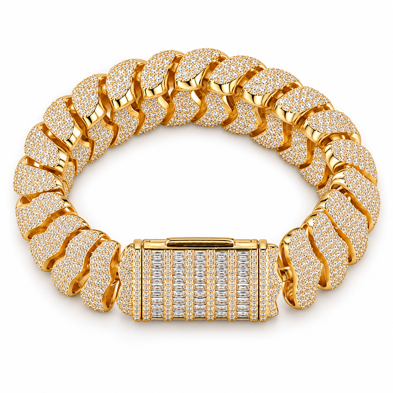 Iced Out Gold Cuban Link Bracelet With Baguette Clasp | Custom Hip Hop Jewelry