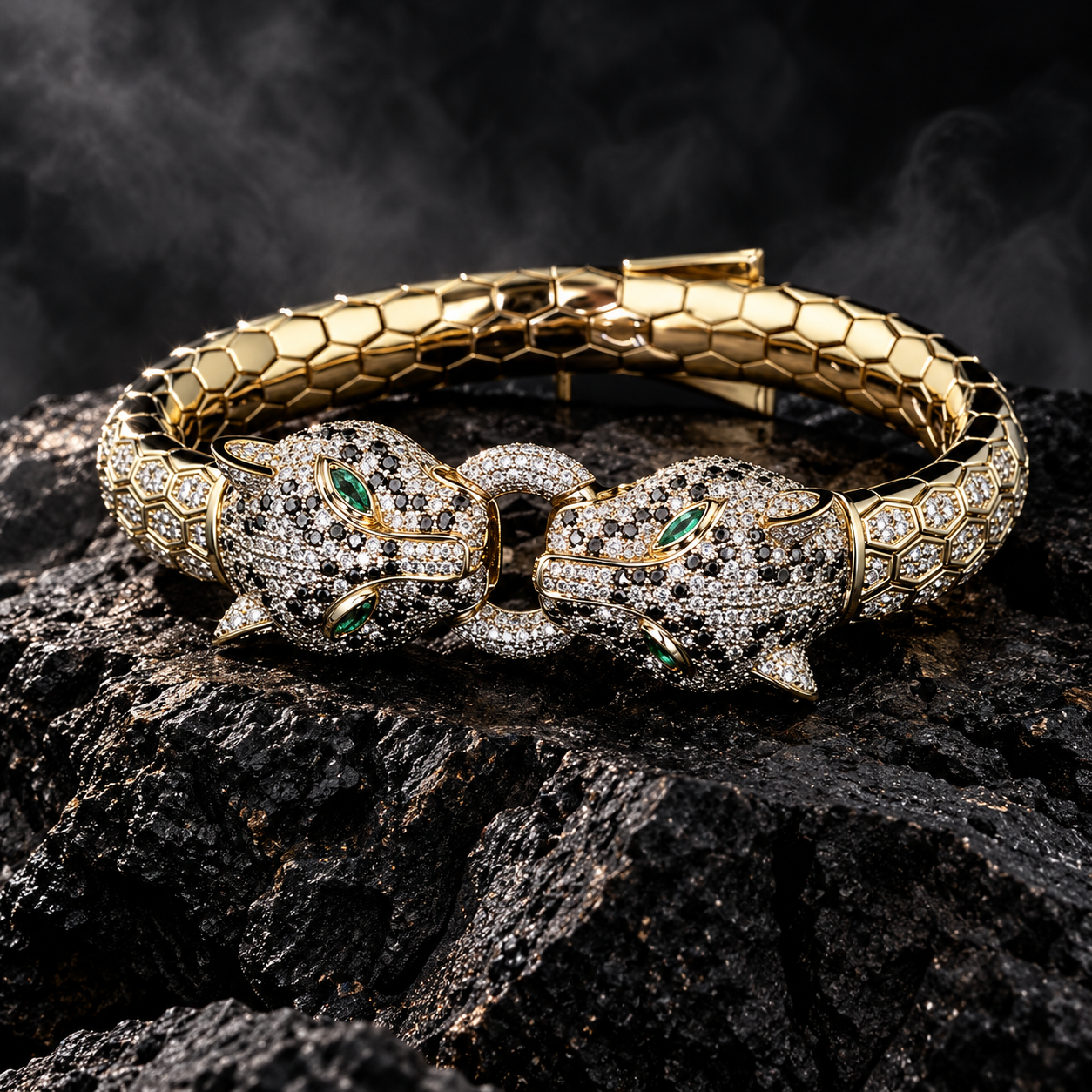 Double Panther Head Yellow Gold-Tone Bracelet with Green Eyes – Custom Iced Out Statement Jewelry