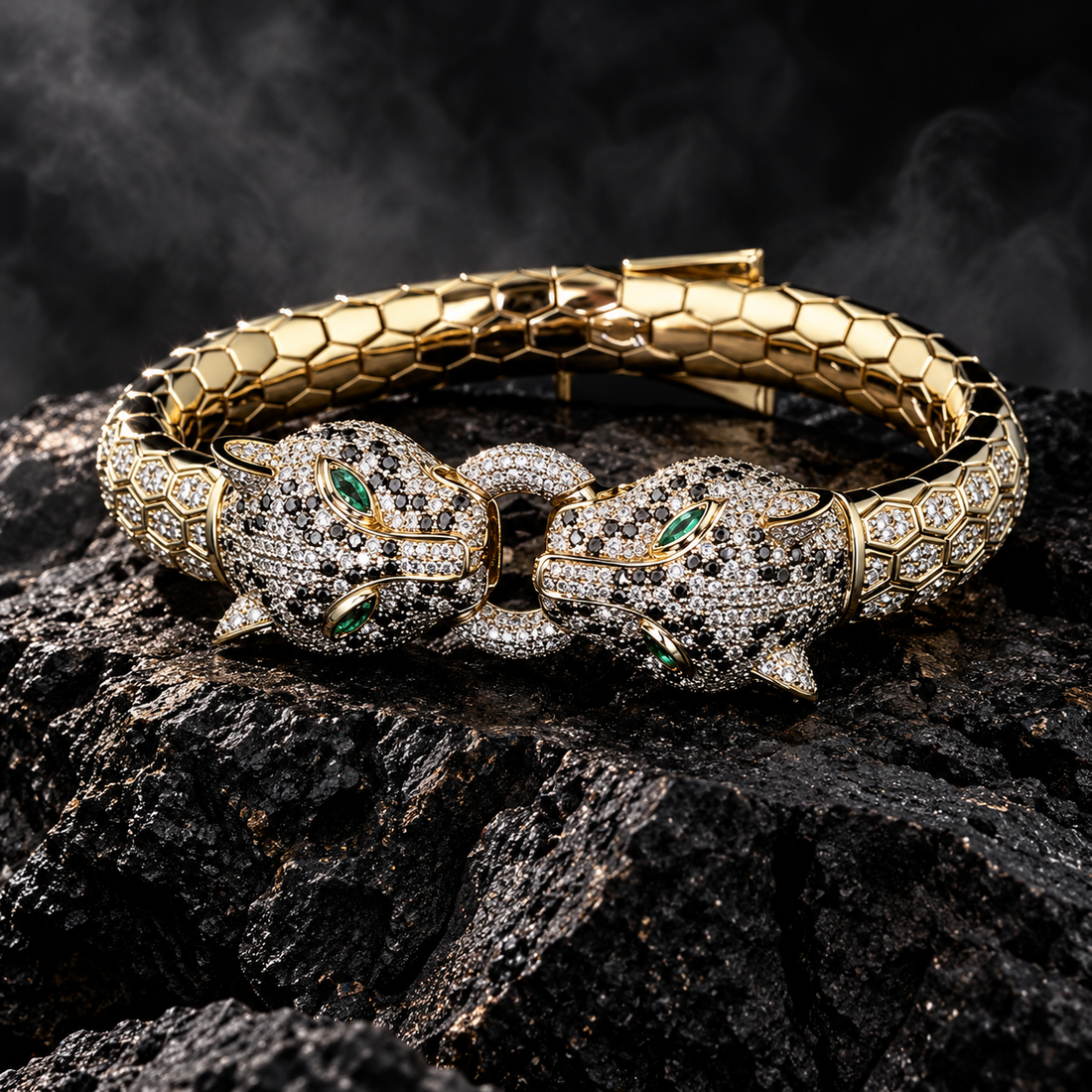 Double Panther Head Yellow Gold-Tone Bracelet with Green Eyes – Custom Iced Out Statement Jewelry