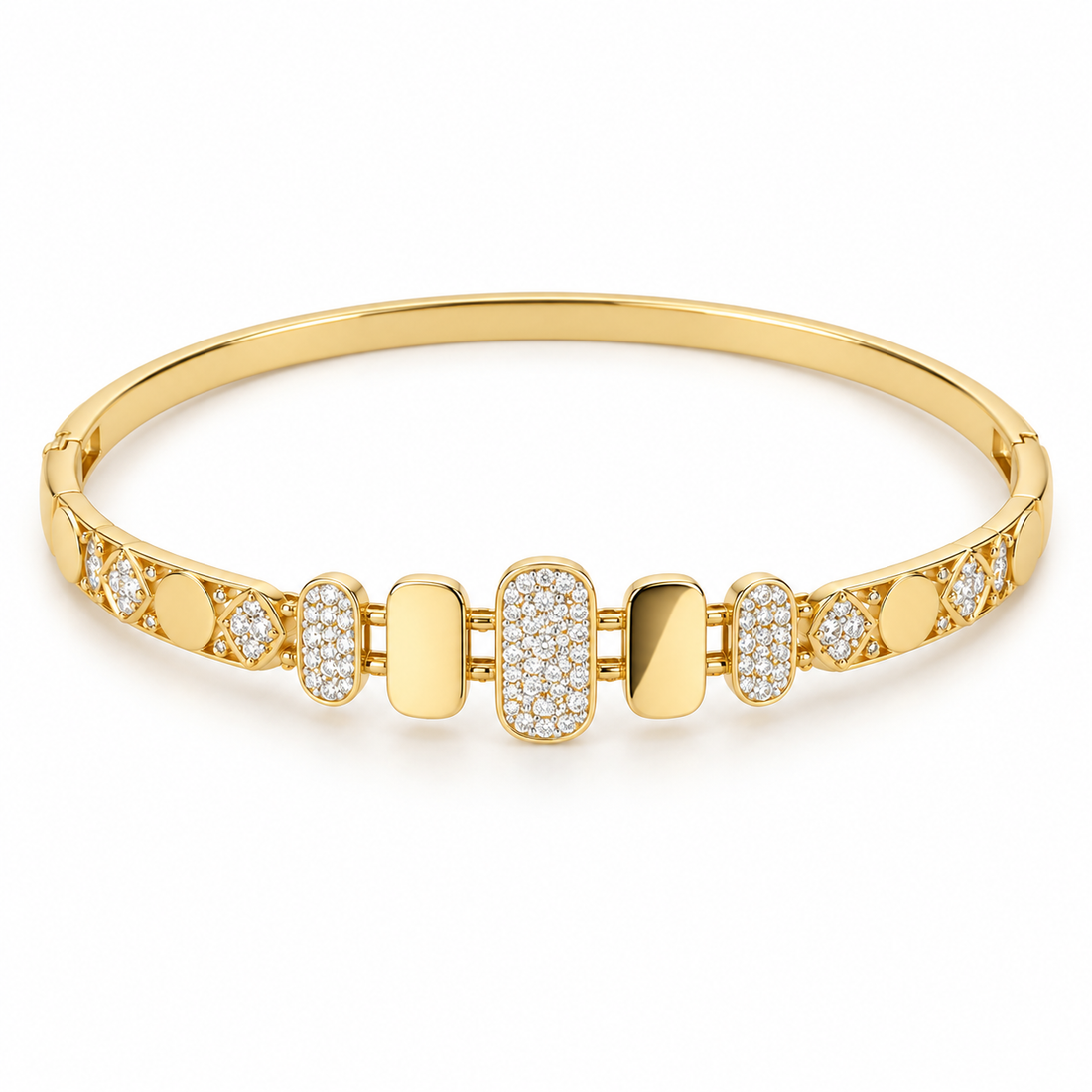 Clear Stone Pavé Rounded Rectangle Yellow Gold-Tone Bangle Bracelet