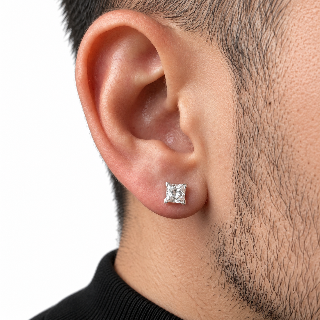 Men’s Princess Cut Solitaire Silver-Tone Four-Prong Stud Earring
