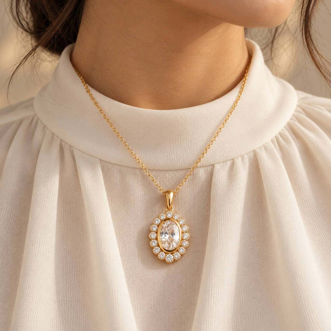 Oval Cut Halo Stone Yellow Gold Pendant Necklace