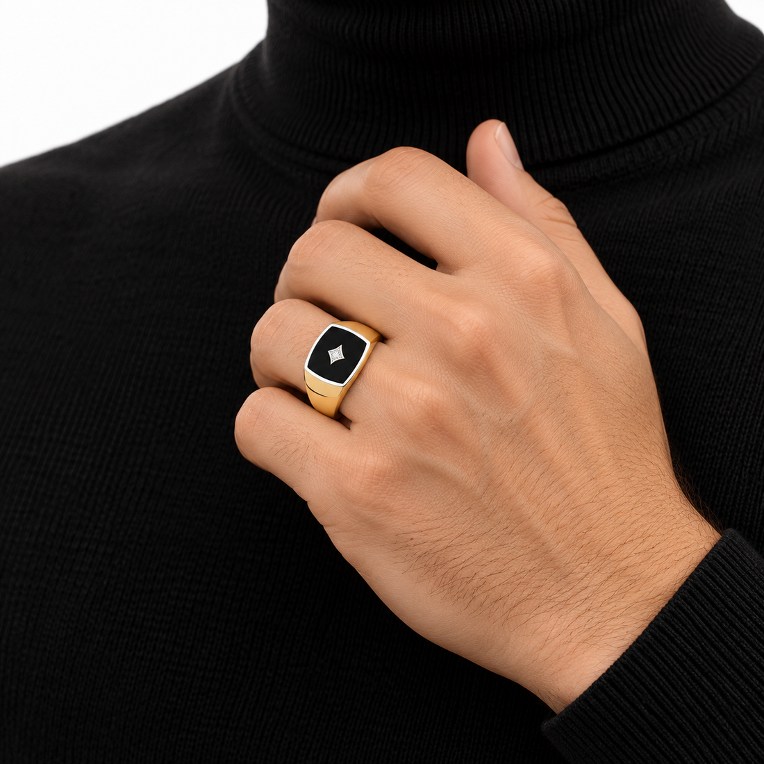 Black Panel Two-Tone Signet Ring with Star Motif Stone Accent