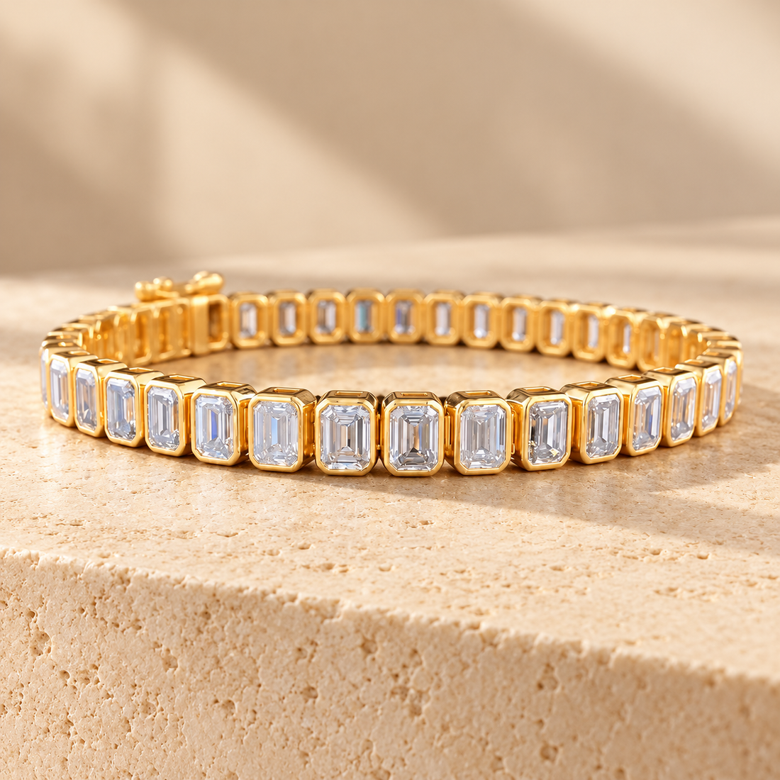 Emerald-Cut Bezel-Set Yellow Gold-Tone Tennis Bracelet