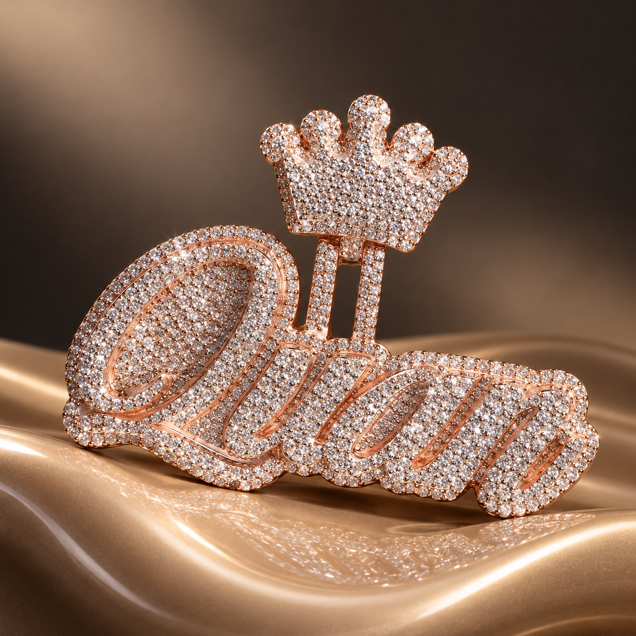 Custom Crown Script Name Iced Out Rose Gold-Tone Pendant – Personalized Hip Hop Jewelry