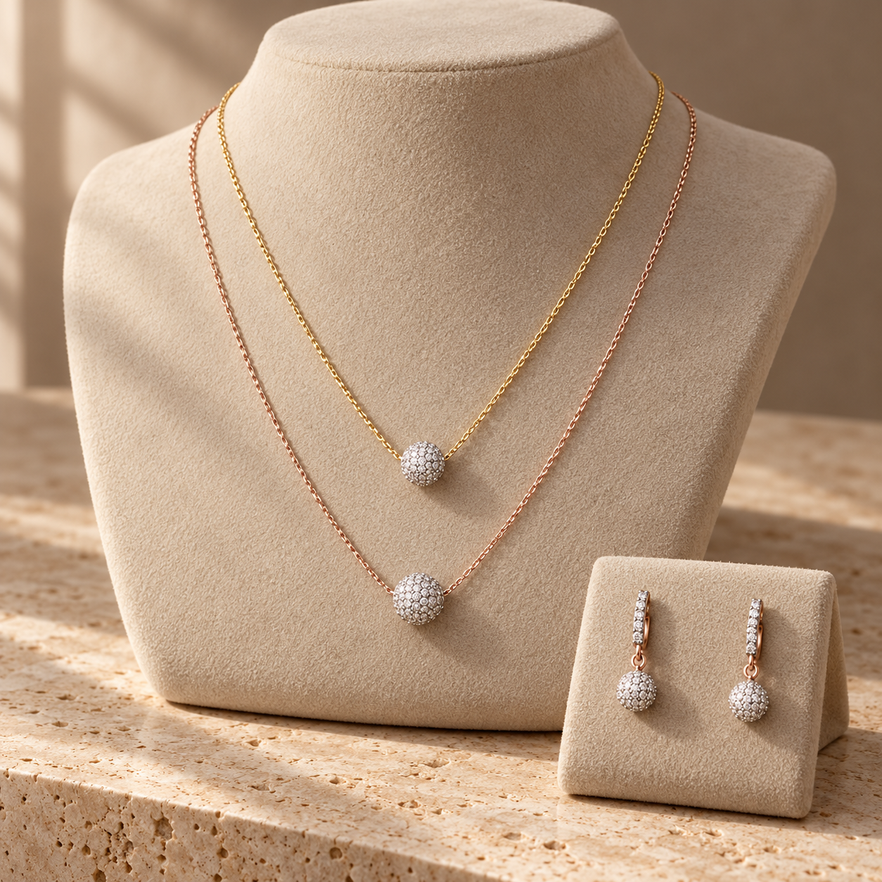 Two-Tone Layered Pavé Ball Necklace and Drop Earrings Set
