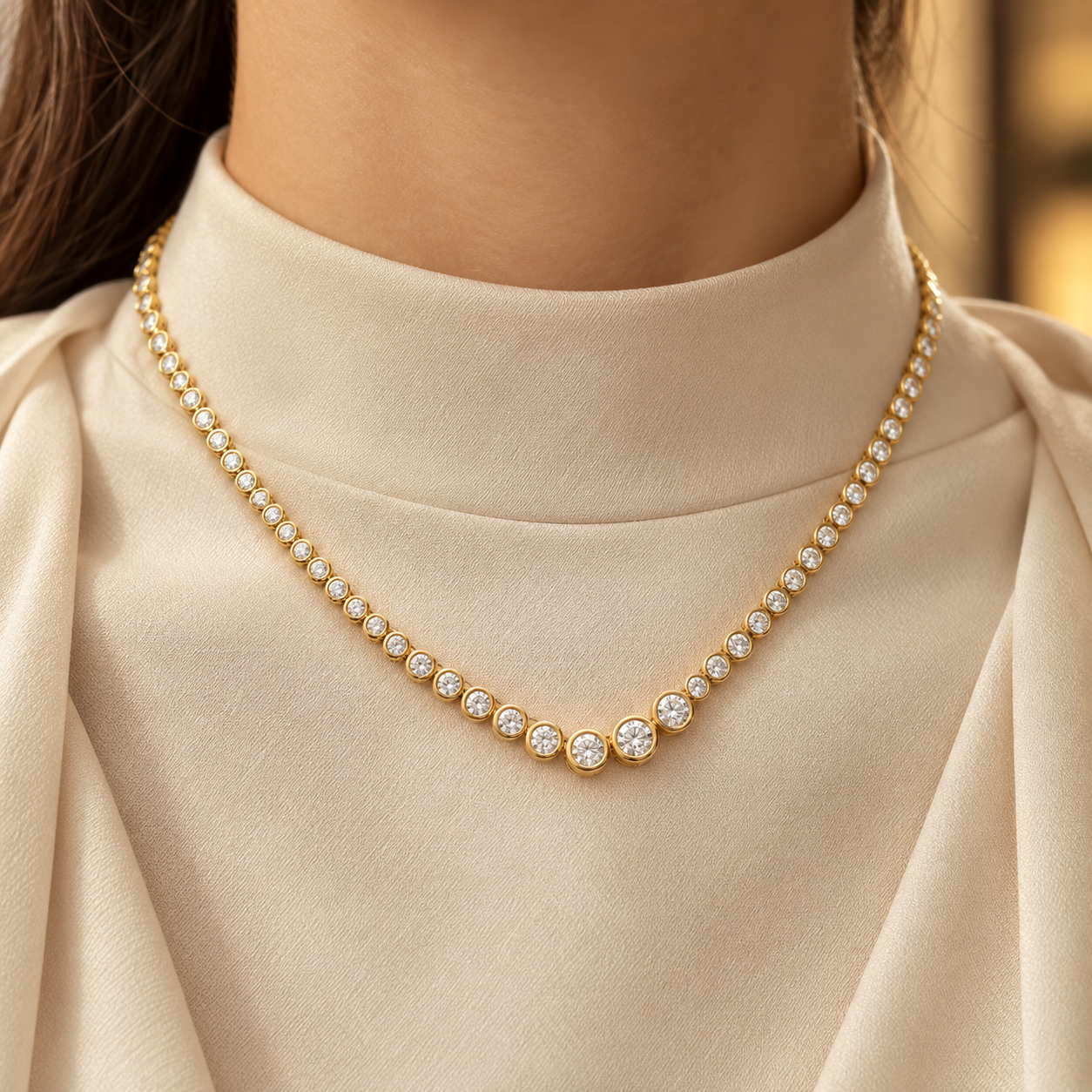 Graduated Round Cut Bezel Set Yellow Gold Tennis Necklace