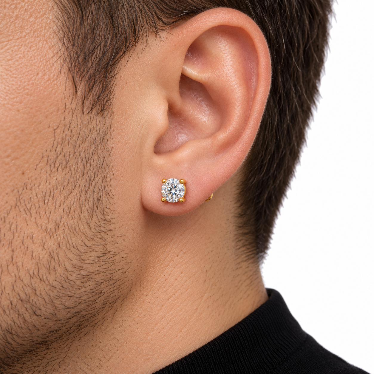 Men’s Round Solitaire Yellow Gold-Tone Four-Prong Stud Earring