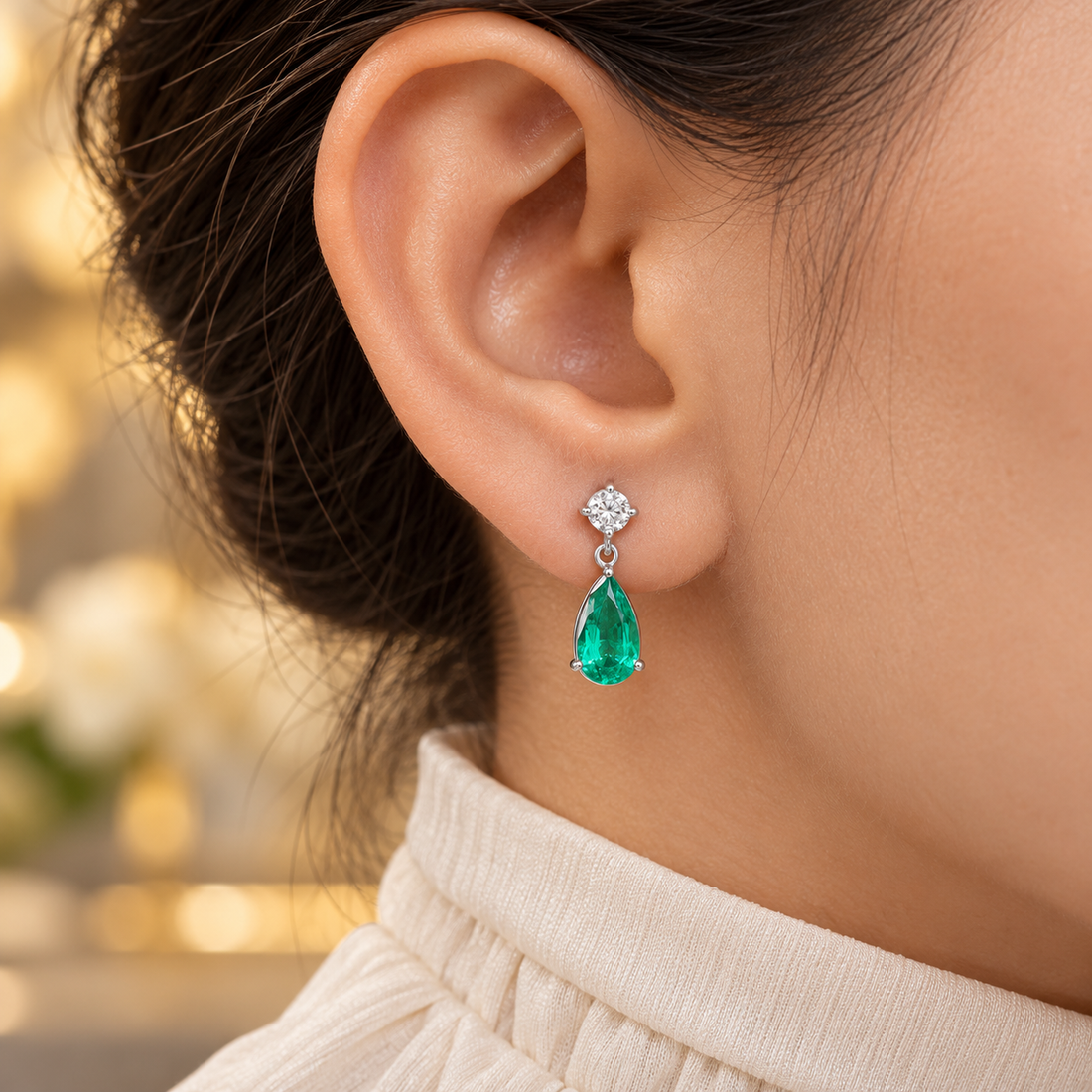 Green Pear & Round Clear Stone Drop Earrings with Screw Backs