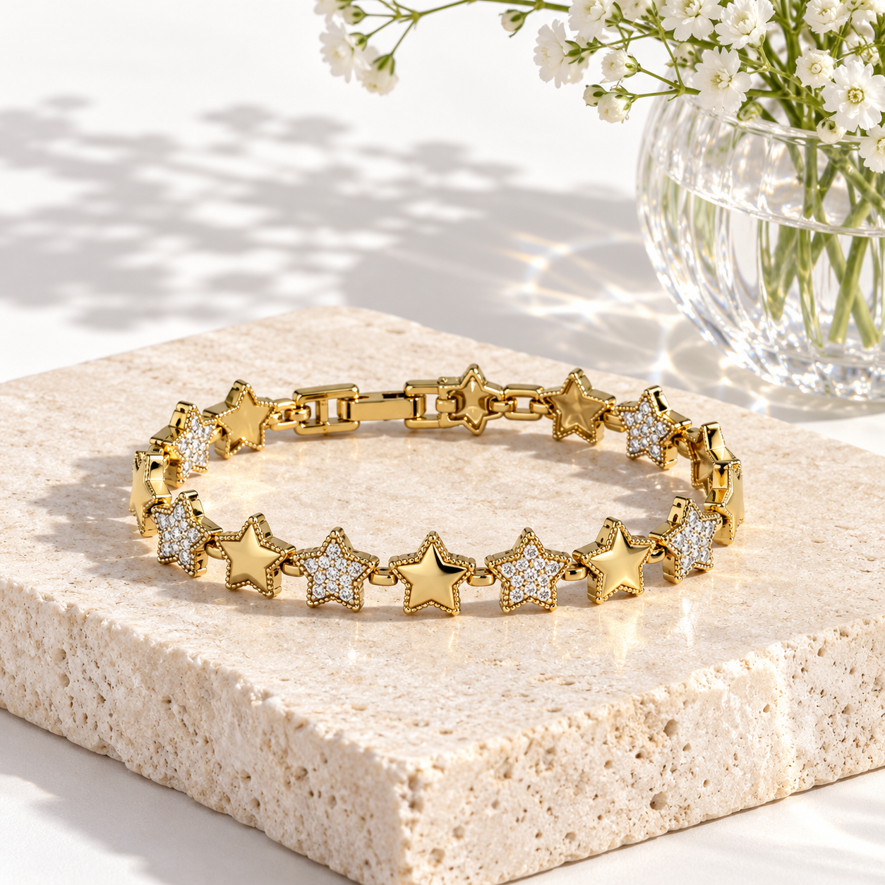 Clear Stone Pavé and Polished Star Yellow Gold-Tone Link Bracelet