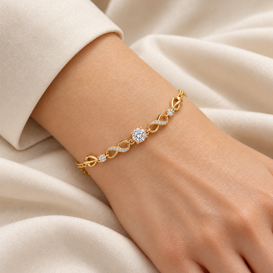 Clear Round Stone Infinity Link Yellow Gold-Tone Bracelet