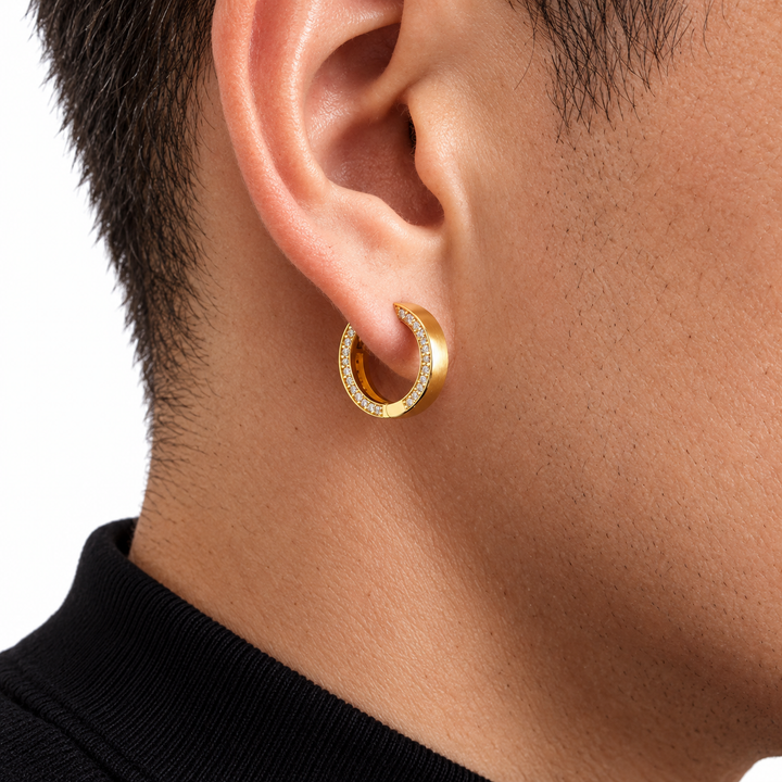 Men’s Single-Row Round Stone Yellow Gold-Tone Hoop Earring