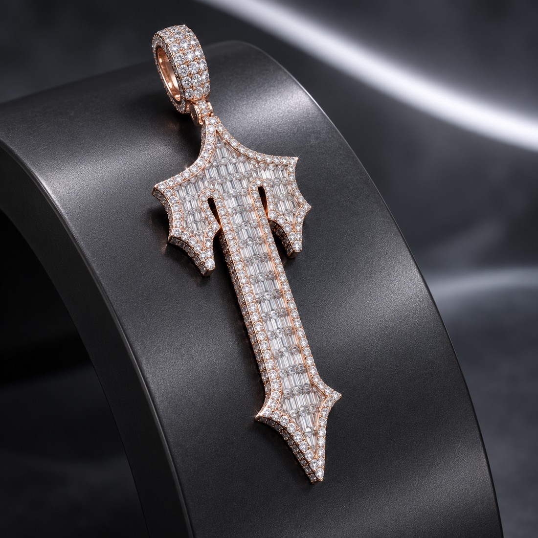 Gothic Letter T Baguette Iced Out Rose Gold-Tone Pendant – Custom Initial Hip Hop Jewelry