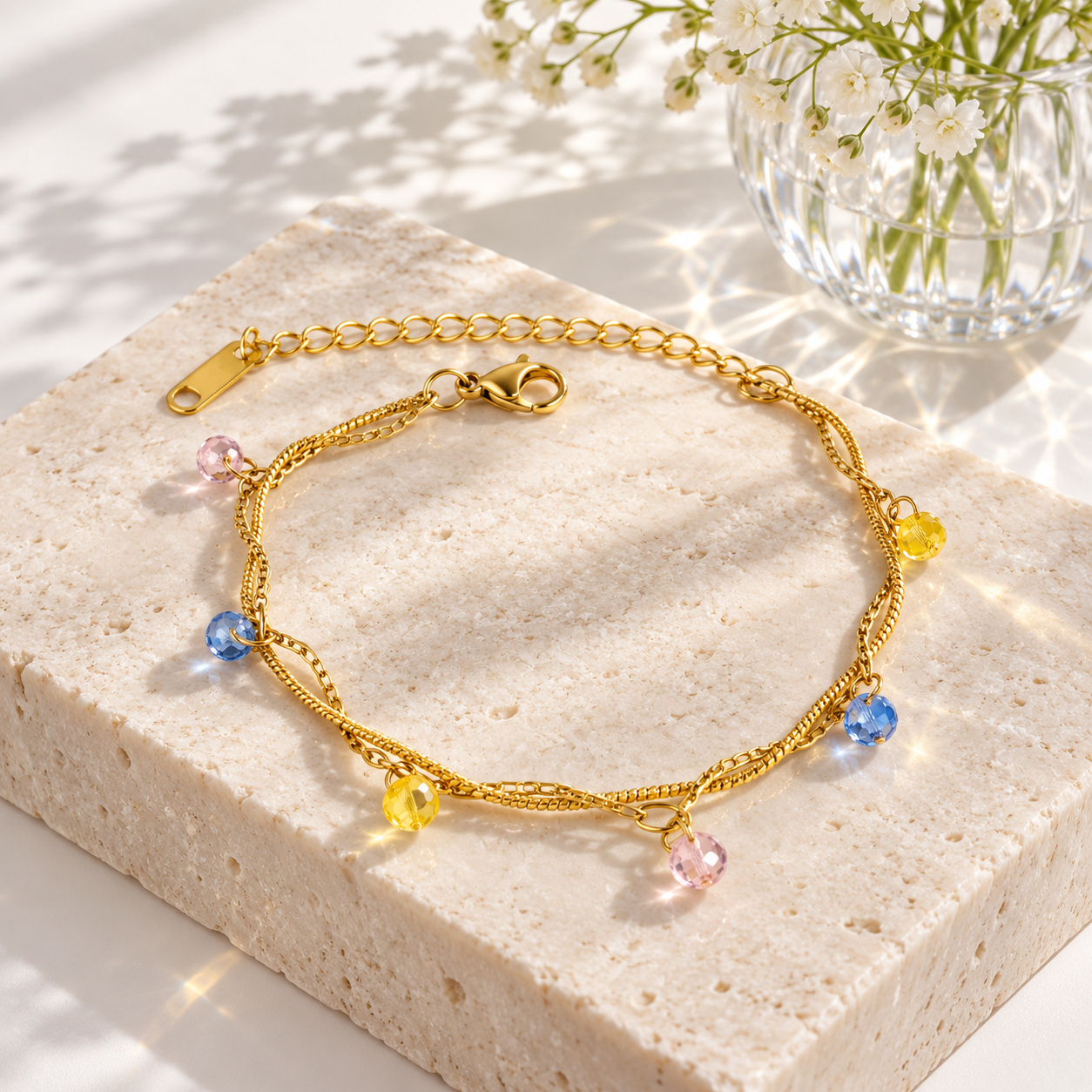 Yellow Gold-Tone Twisted Chain Bracelet with Multicolor Bead Charms
