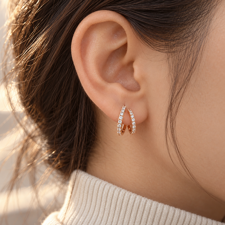 Round Stone Double Hoop Earrings in Rose Gold Tone