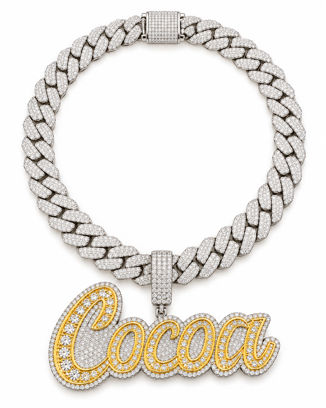 Custom Iced Out Cocoa Script Name Pendant with Two-Tone Finish