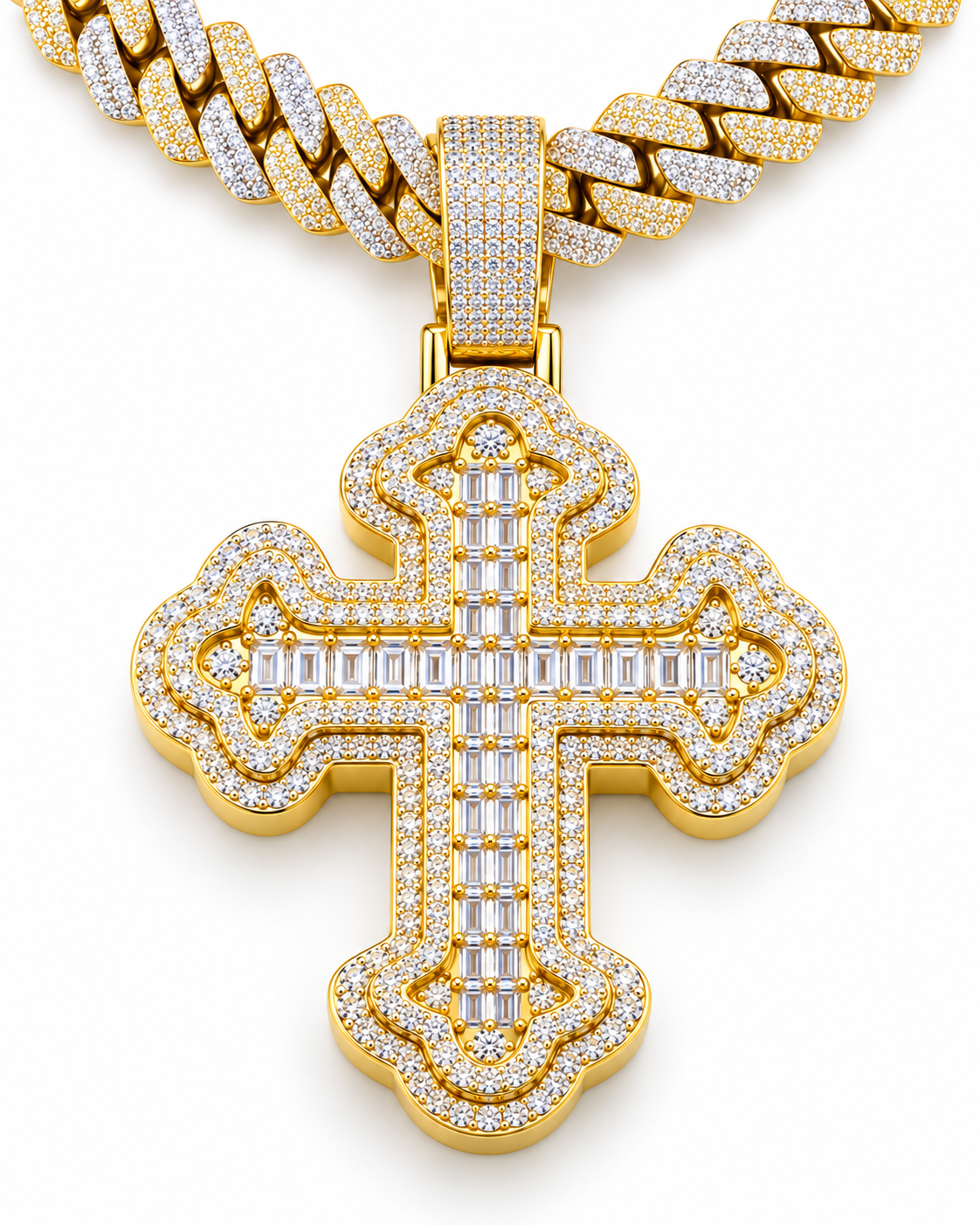 Custom Iced Out Ornate Baguette Cross Pendant | Silver & Gold