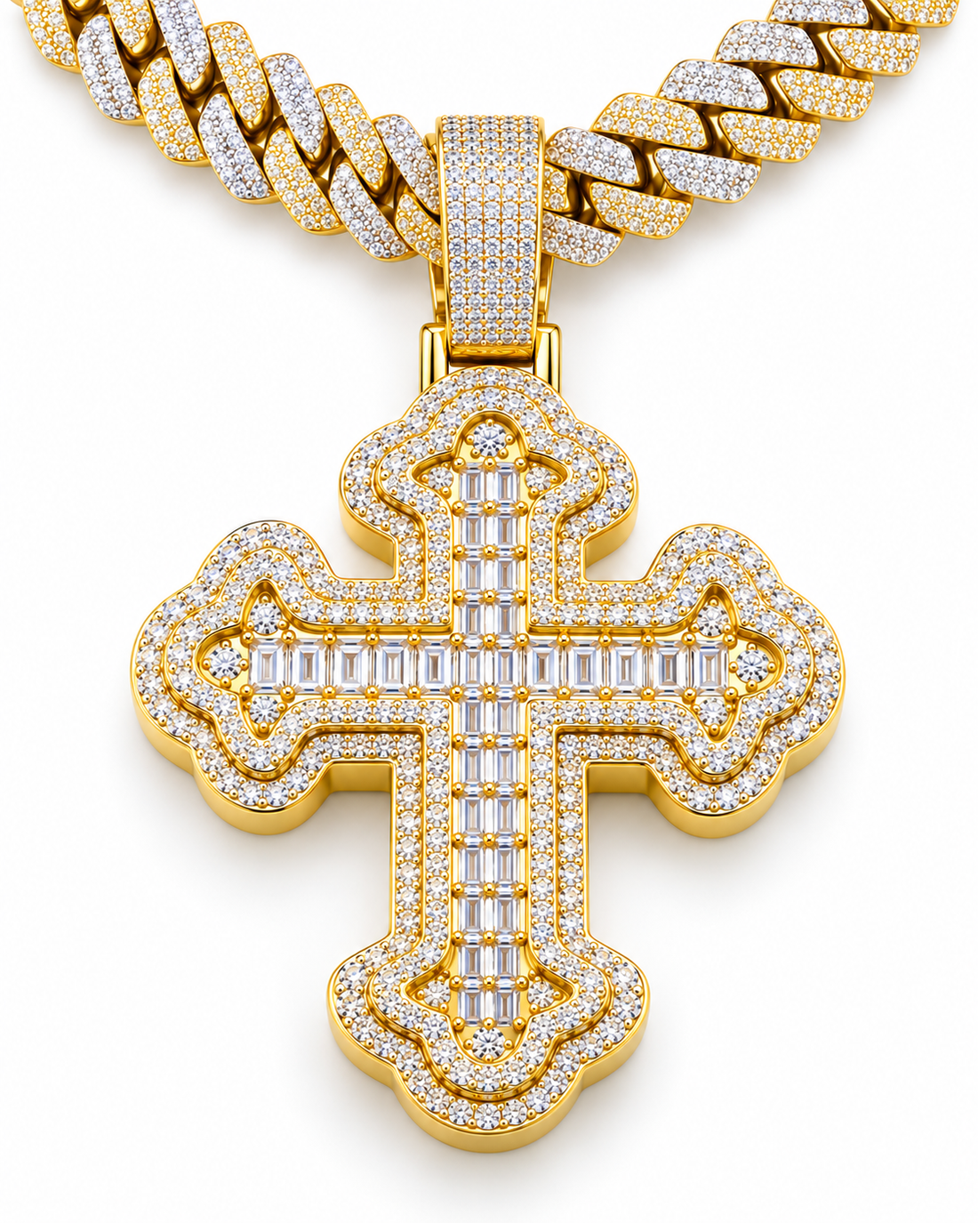 Custom Iced Out Ornate Baguette Cross Pendant | Silver & Gold
