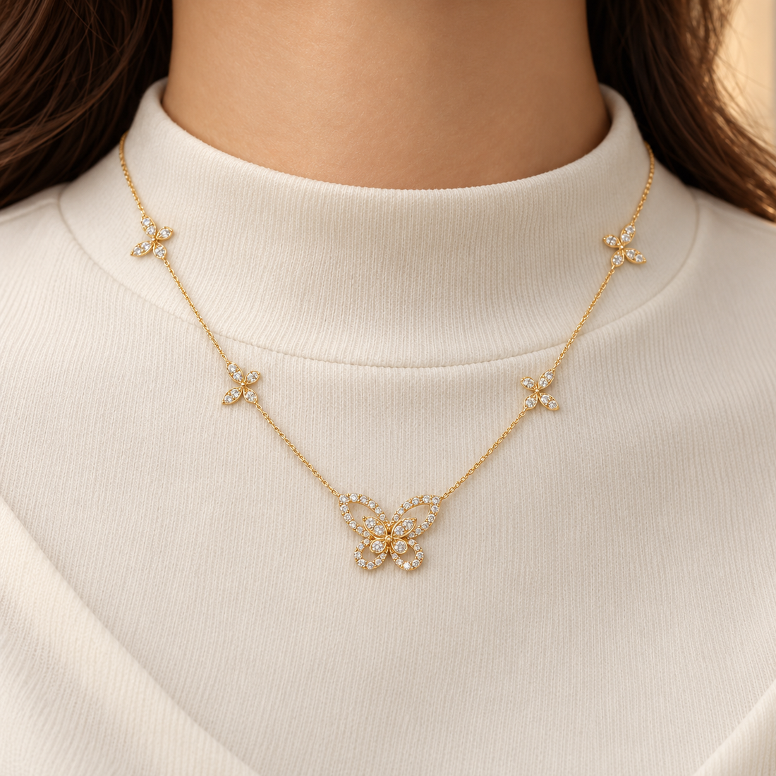 Five Butterfly Pavé Round Stone Yellow Gold Station Necklace