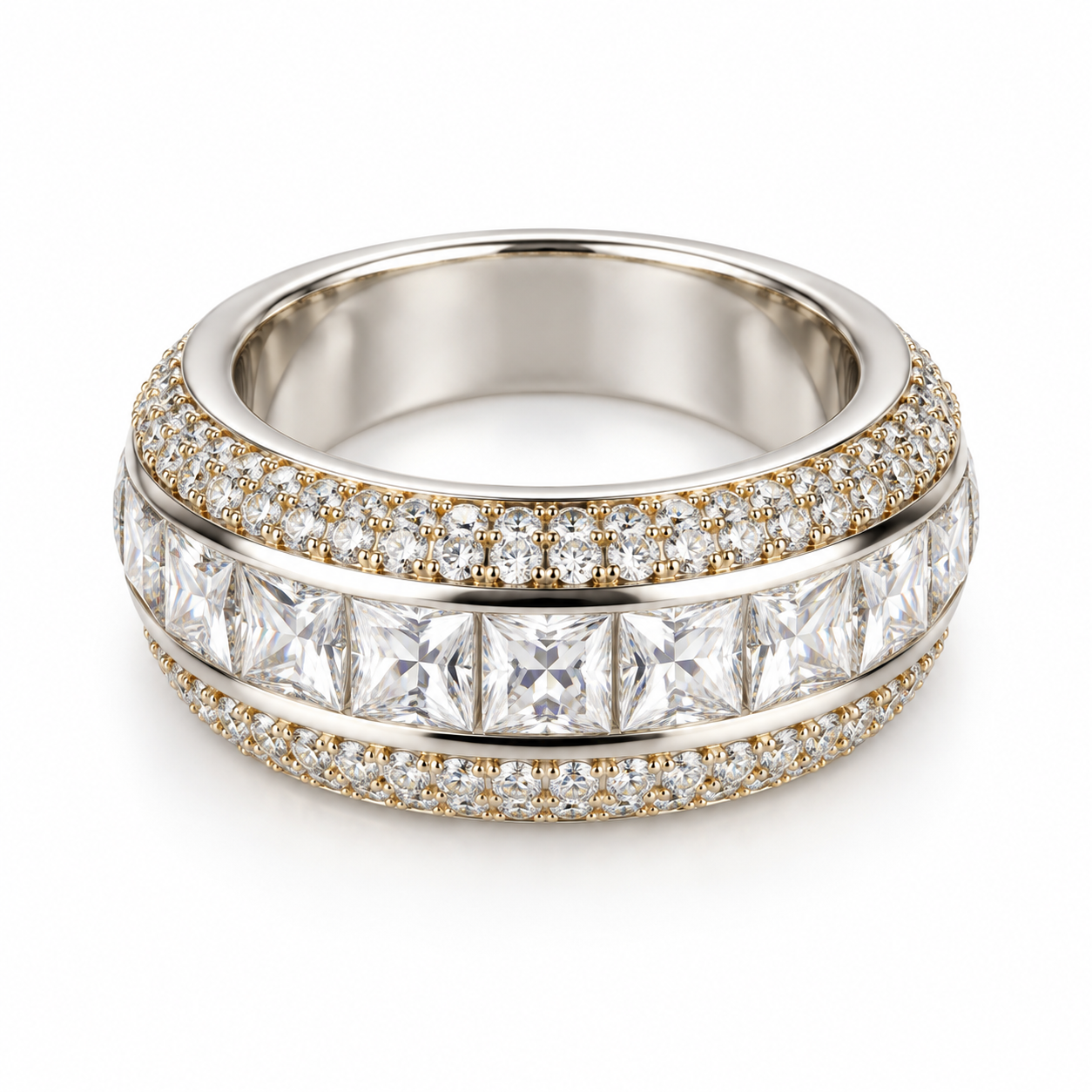 Princess Cut Channel Set Iced Out Hip Hop Band Ring