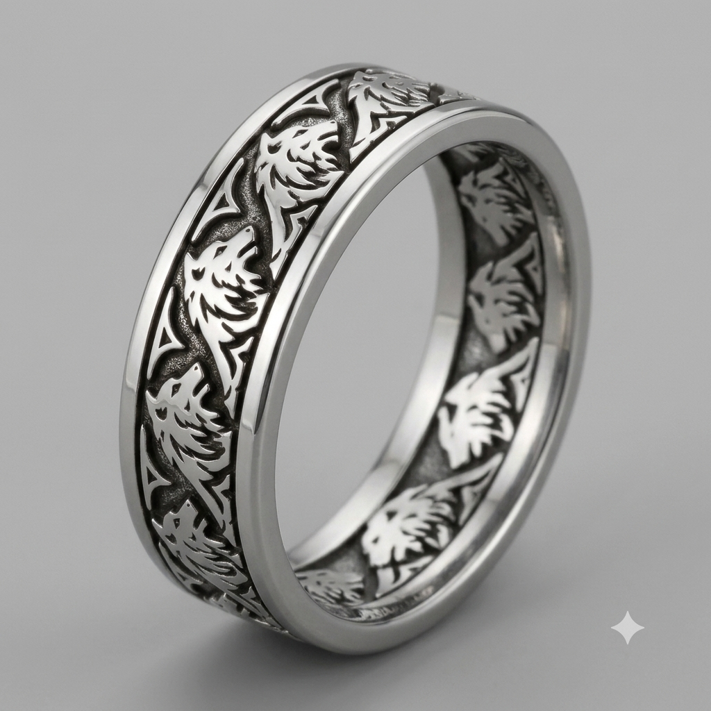 Howling Wolf Animal Motif Silver Tone Celtic Statement Ring