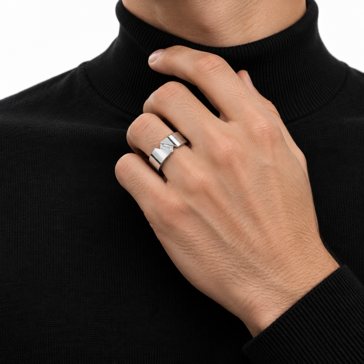 Diagonal Baguette Solitaire White Metal Wide Band Ring