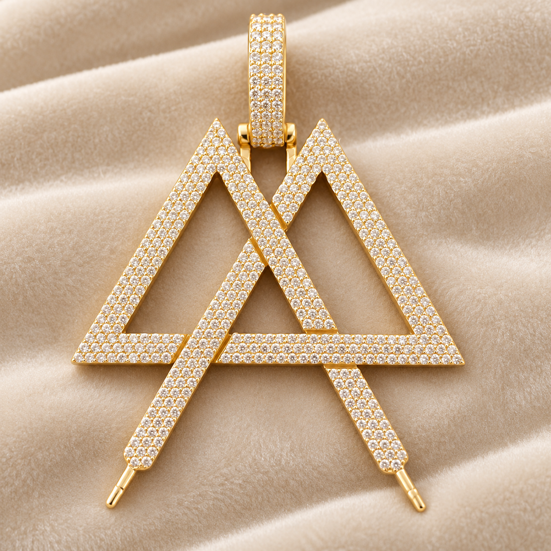 Iced Out Interlocking Double Triangle Pendant – Custom Gold Tone Hip Hop Jewelry