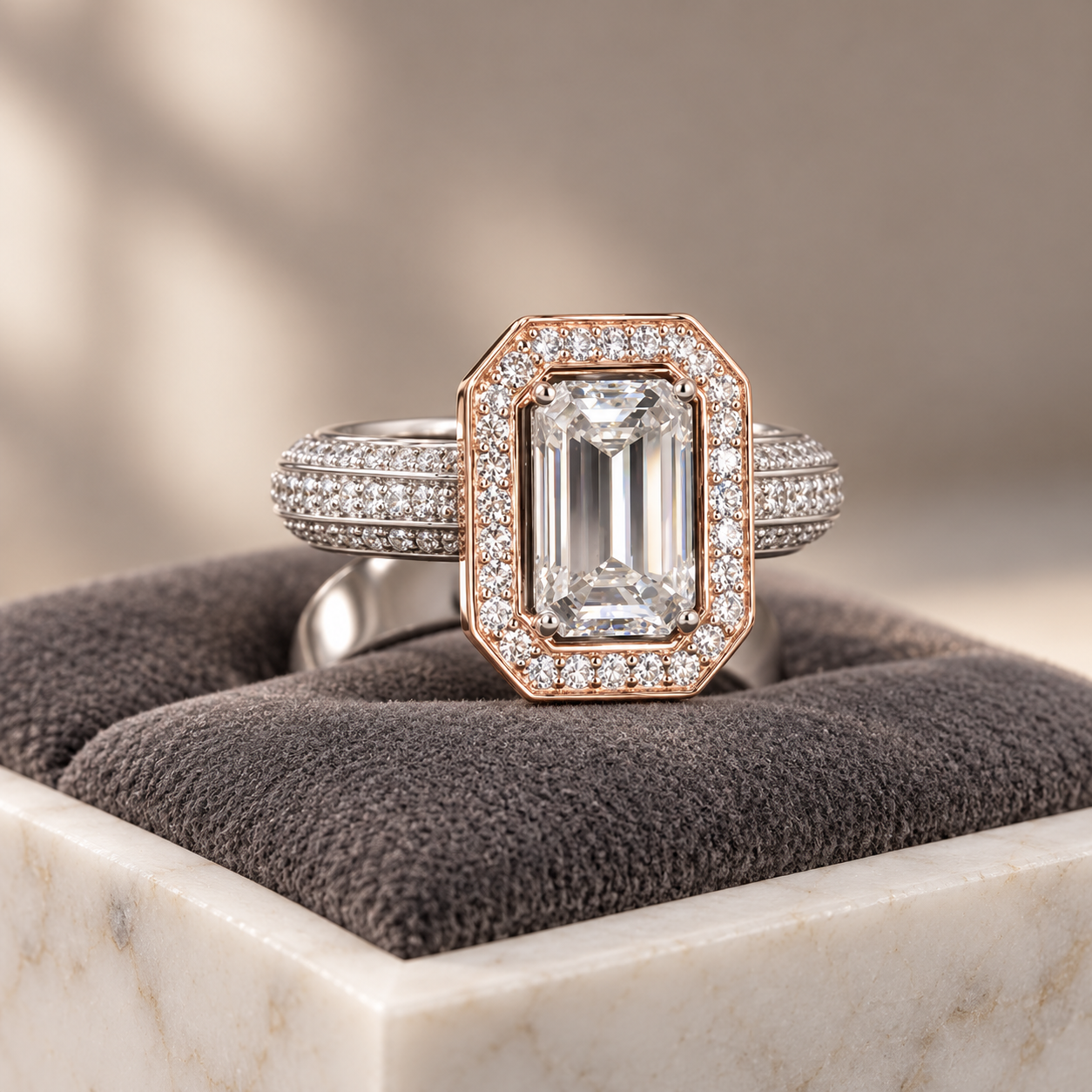 Women’s Two-Tone Emerald-Cut Halo Ring with Triple-Row Pavé Band