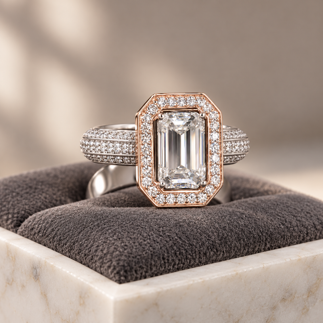 Women’s Two-Tone Emerald-Cut Halo Ring with Triple-Row Pavé Band