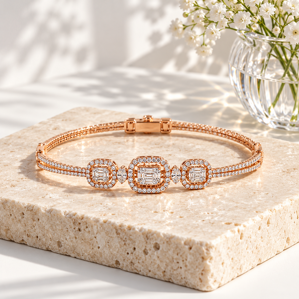 Rose Gold-Tone Triple Square Halo Double Row Bangle Bracelet