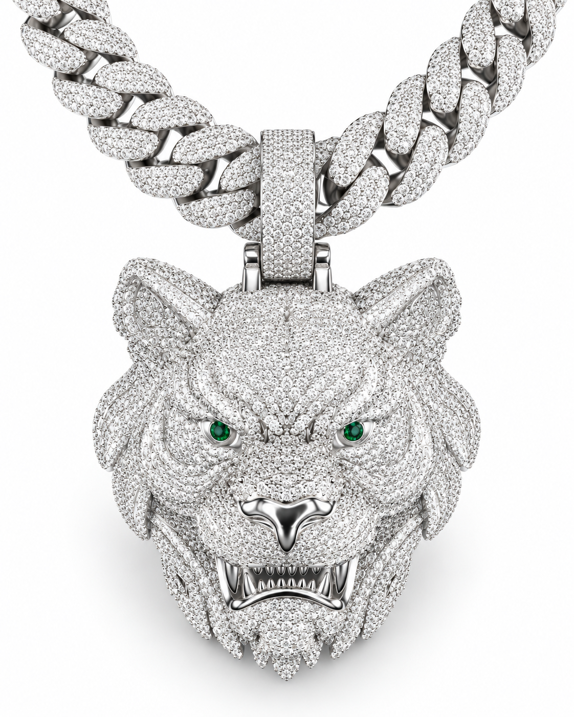 Custom Iced Out Lion Head Pendant with Green Eyes | Made to Order