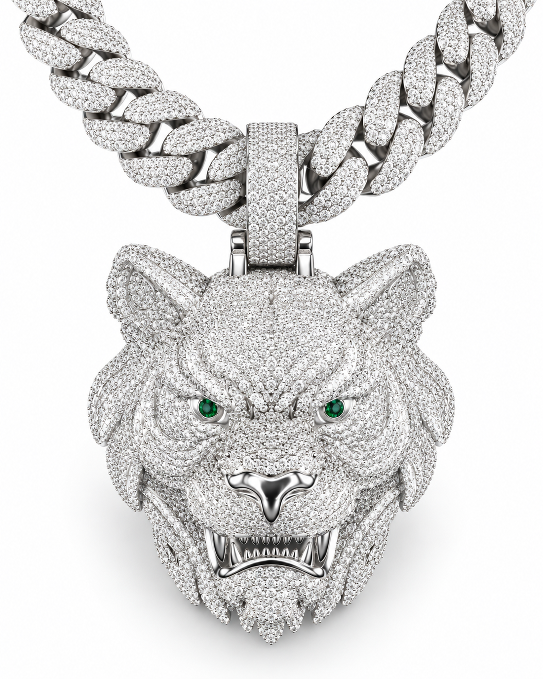 Custom Iced Out Lion Head Pendant with Green Eyes | Made to Order
