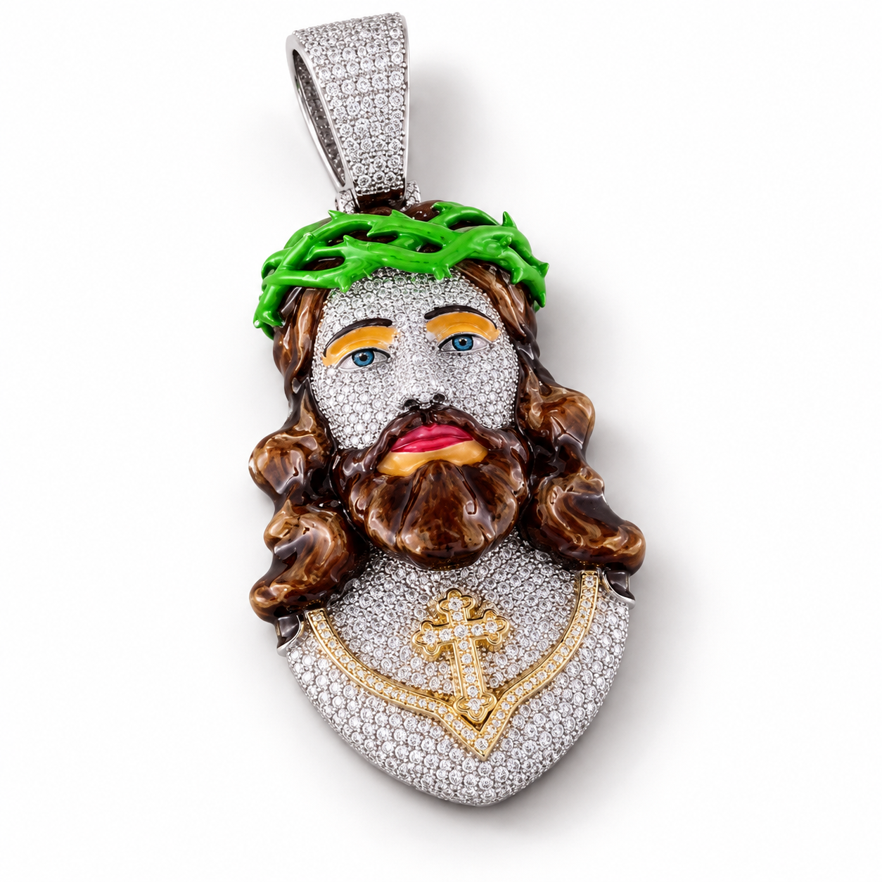 Iced Out Jesus Christ Head Pendant | Multicolor Crown of Thorns Hip Hop Jewelry