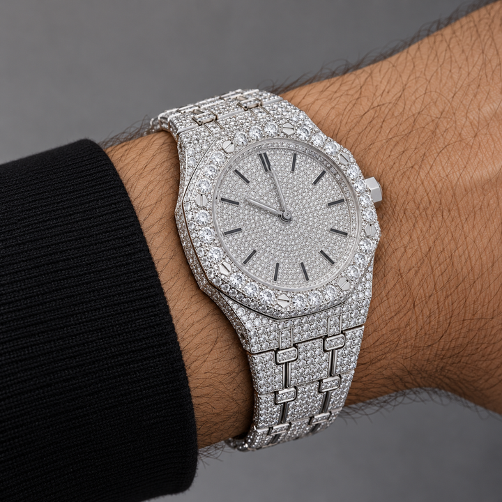 Iced Out Octagonal Silver-Tone Watch – Custom Diamond Statement Watch