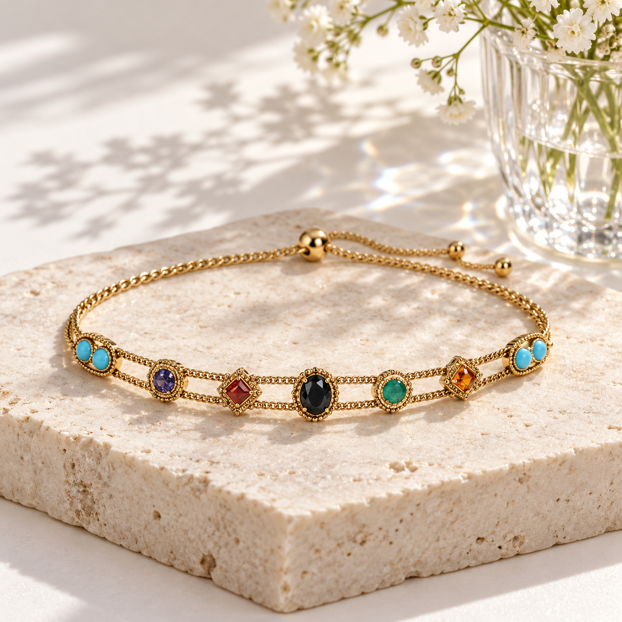 Multicolor Stone Double Chain Adjustable Bolo Bracelet in Gold Tone
