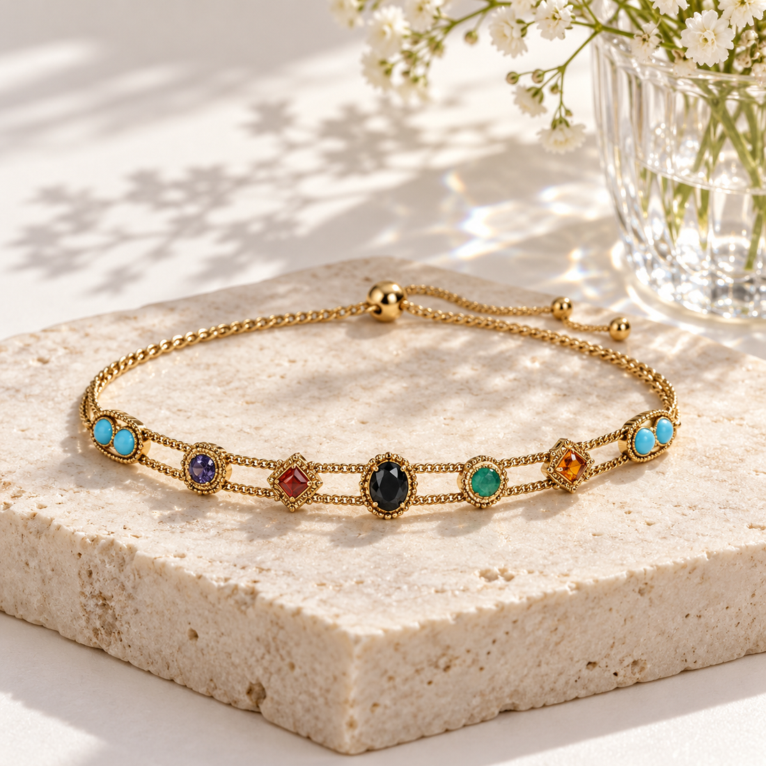 Multicolor Stone Double Chain Adjustable Bolo Bracelet in Gold Tone
